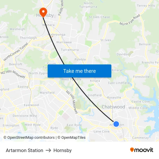 Artarmon Station to Hornsby map