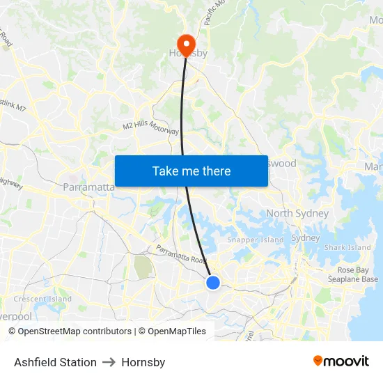 Ashfield Station to Hornsby map
