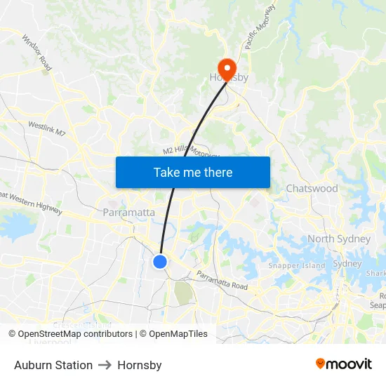 Auburn Station to Hornsby map