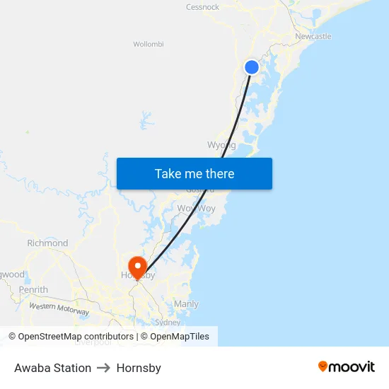 Awaba Station to Hornsby map