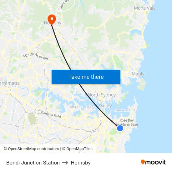 Bondi Junction Station to Hornsby map