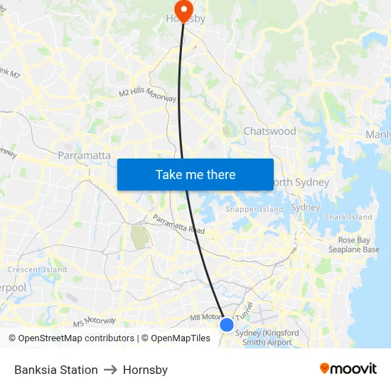 Banksia Station to Hornsby map