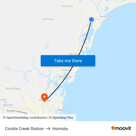 Cockle Creek Station to Hornsby map
