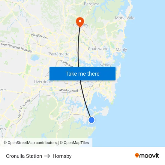Cronulla Station to Hornsby map