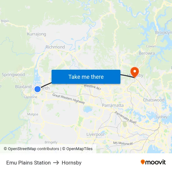 Emu Plains Station to Hornsby map