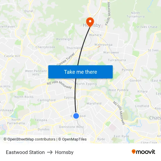 Eastwood Station to Hornsby map
