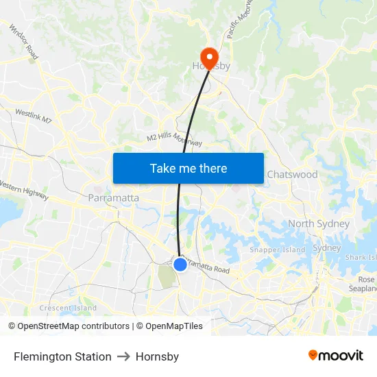 Flemington Station to Hornsby map