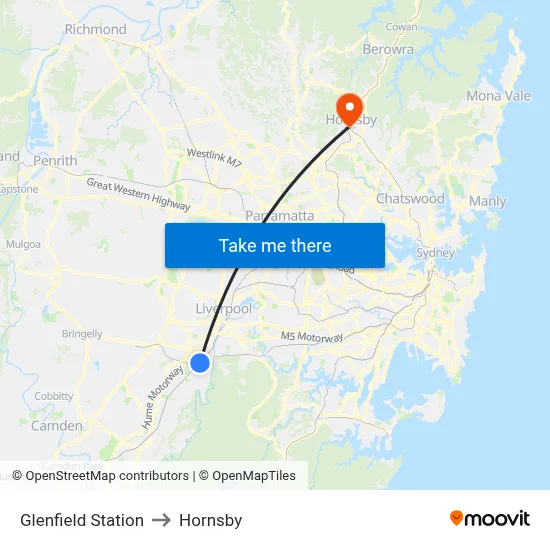 Glenfield Station to Hornsby map