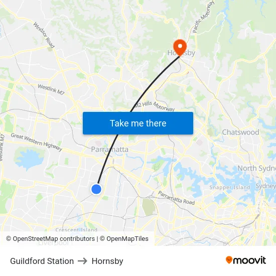Guildford Station to Hornsby map