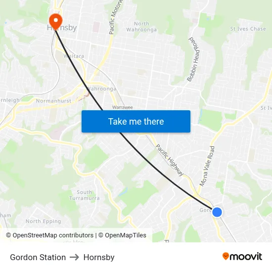 Gordon Station to Hornsby map