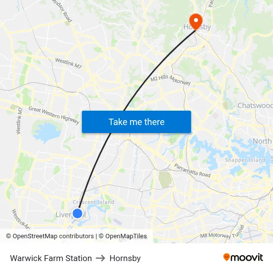 Warwick Farm Station to Hornsby map