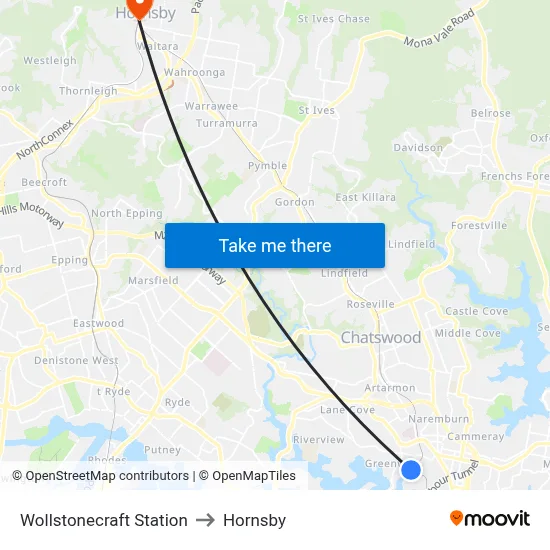 Wollstonecraft Station to Hornsby map
