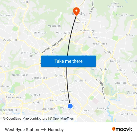 West Ryde Station to Hornsby map