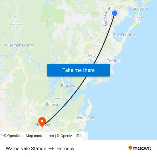 Warnervale Station to Hornsby map