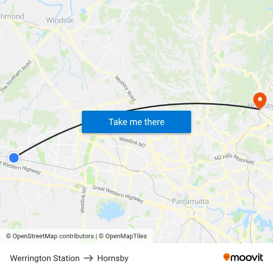Werrington Station to Hornsby map