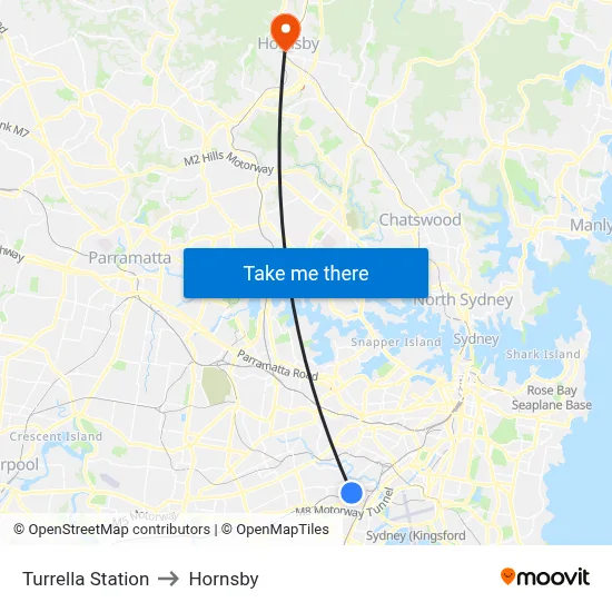 Turrella Station to Hornsby map