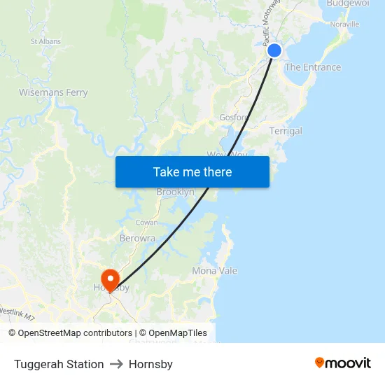 Tuggerah Station to Hornsby map