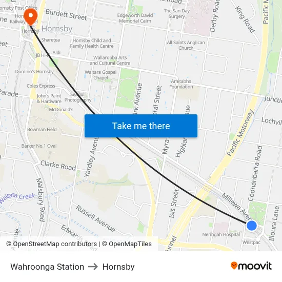 Wahroonga Station to Hornsby map