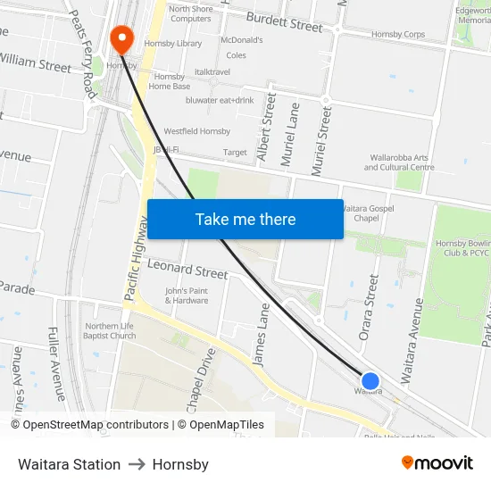Waitara Station to Hornsby map