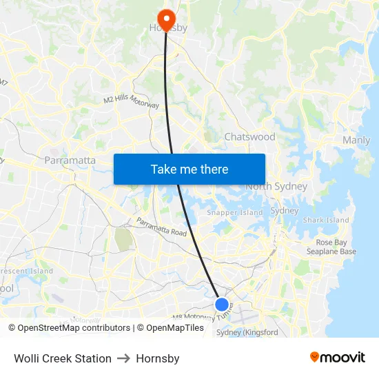 Wolli Creek Station to Hornsby map