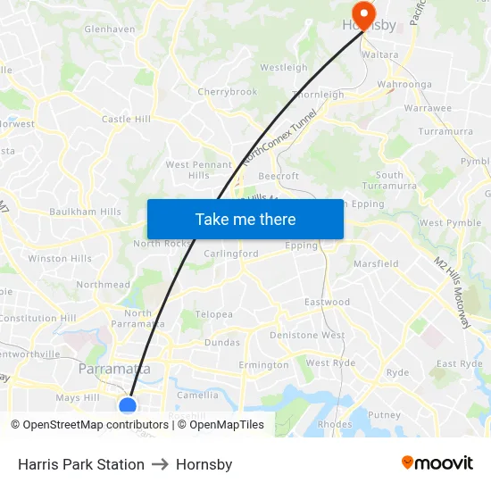 Harris Park Station to Hornsby map