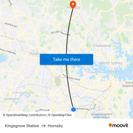 Kingsgrove Station to Hornsby map