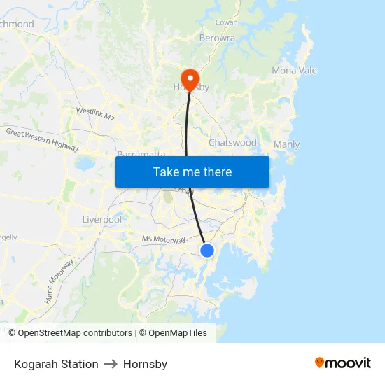 Kogarah Station to Hornsby map