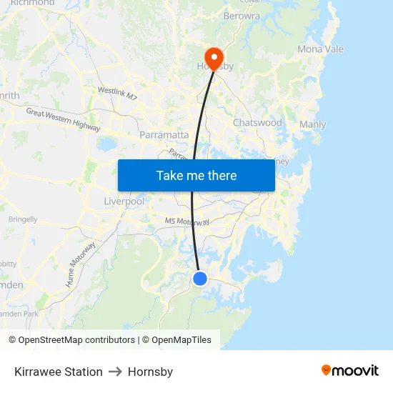 Kirrawee Station to Hornsby map
