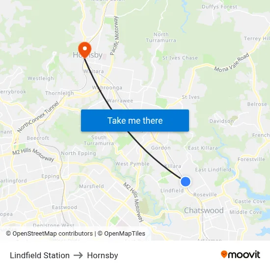 Lindfield Station to Hornsby map