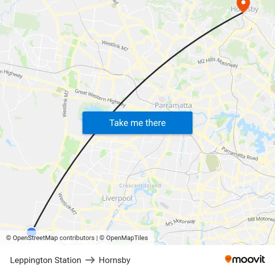 Leppington Station to Hornsby map