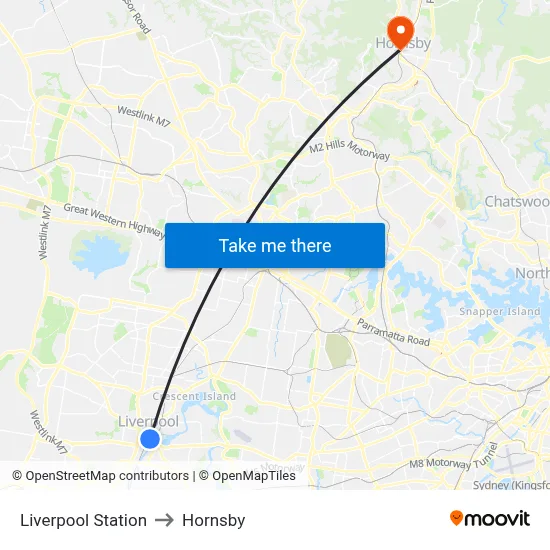 Liverpool Station to Hornsby map