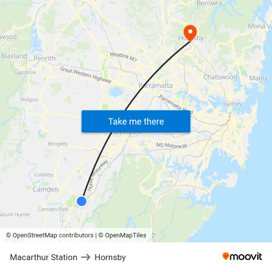Macarthur Station to Hornsby map