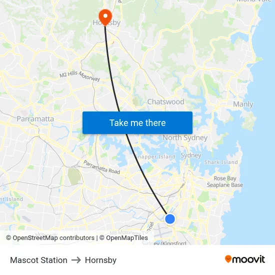 Mascot Station to Hornsby map