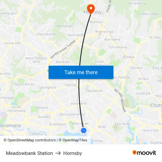 Meadowbank Station to Hornsby map