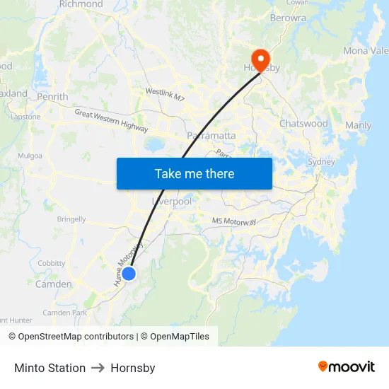 Minto Station to Hornsby map