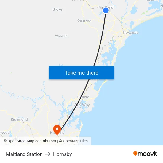 Maitland Station to Hornsby map
