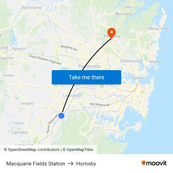 Macquarie Fields Station to Hornsby map