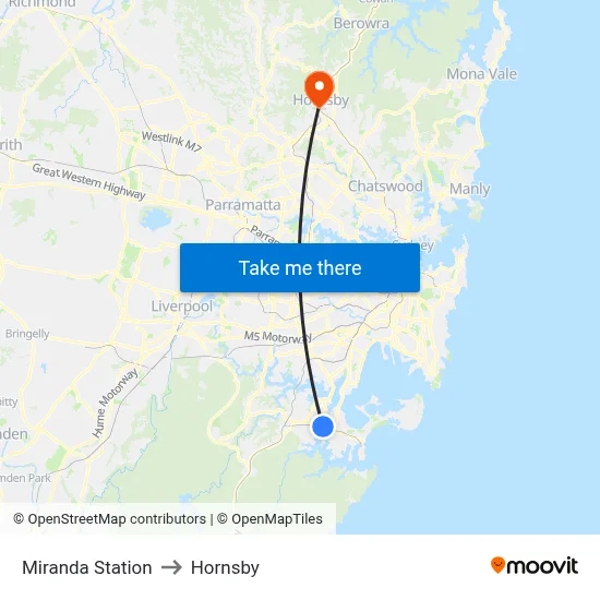 Miranda Station to Hornsby map