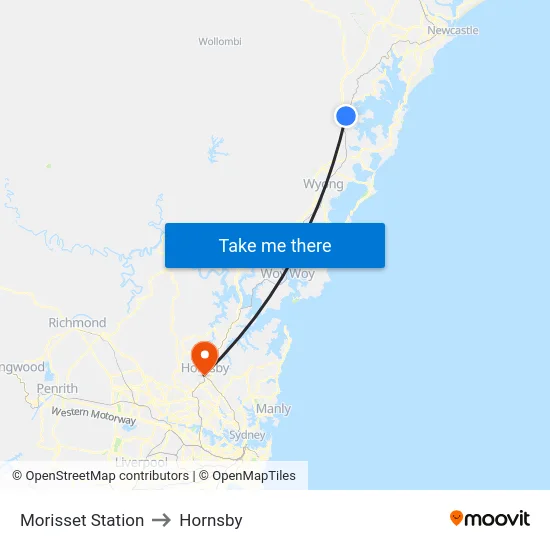 Morisset Station to Hornsby map