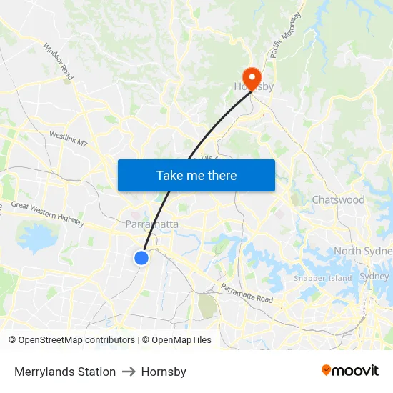 Merrylands Station to Hornsby map