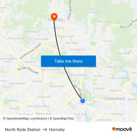 North Ryde Station to Hornsby map