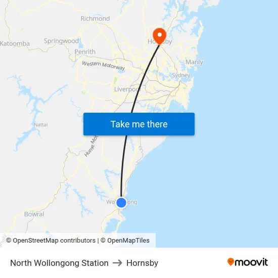 North Wollongong Station to Hornsby map