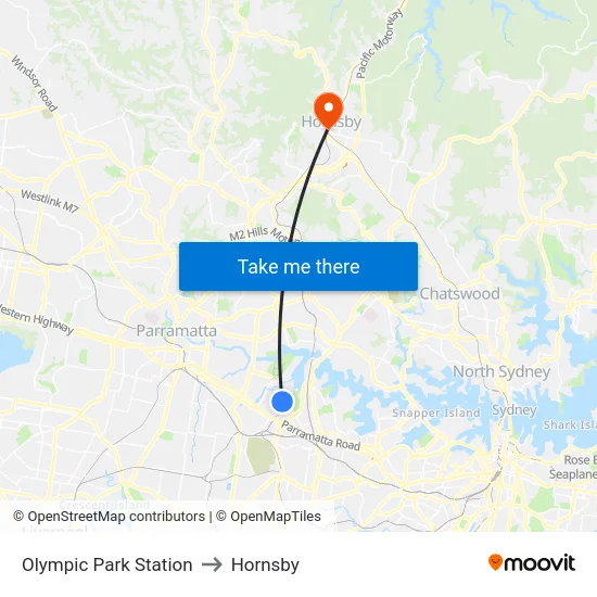 Olympic Park Station to Hornsby map