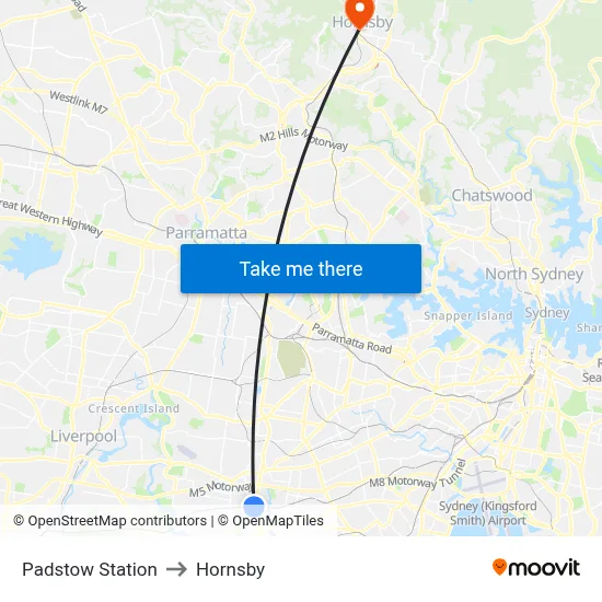 Padstow Station to Hornsby map