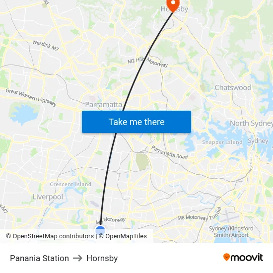 Panania Station to Hornsby map