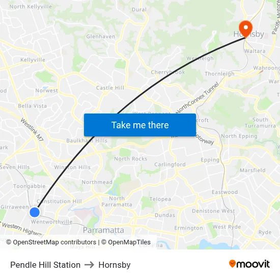 Pendle Hill Station to Hornsby map