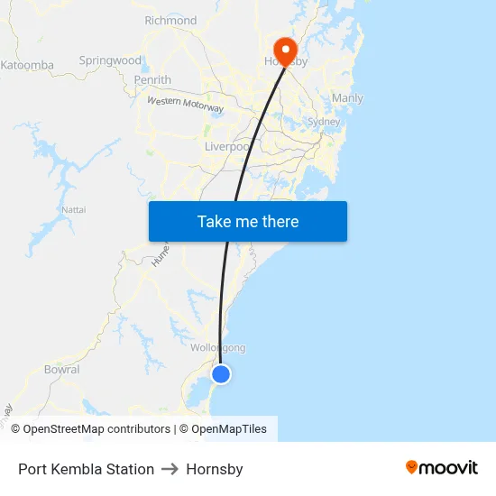 Port Kembla Station to Hornsby map