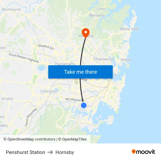 Penshurst Station to Hornsby map