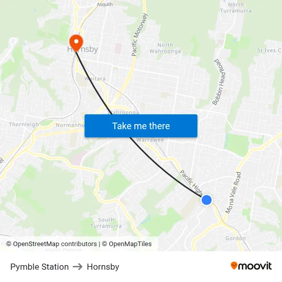 Pymble Station to Hornsby map
