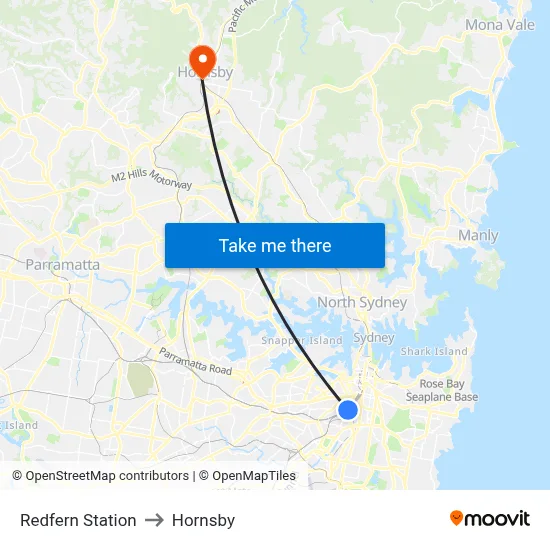 Redfern Station to Hornsby map